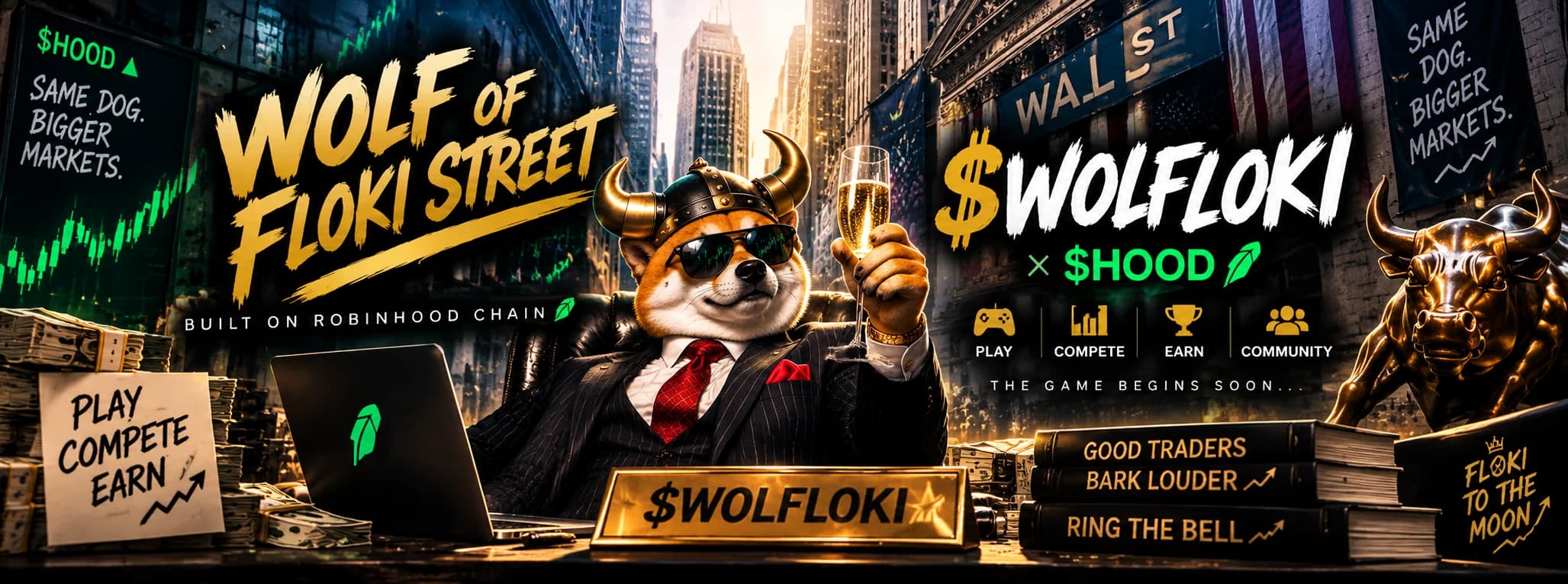 Official Floki Street Wall Street scene with the Viking Shiba at the trading desk